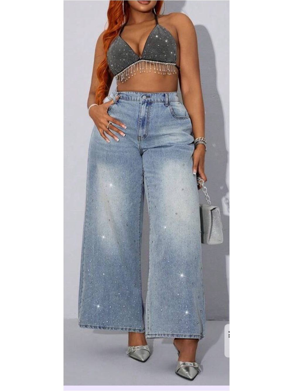SHEIN Light Blue Wide-Leg Sparkle Jeans